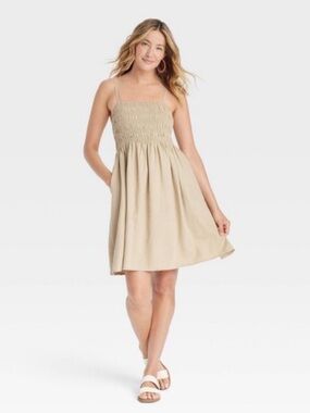Universal Thread Tan Cottagecore Minimalist Linen Blend Smocked Mini Sundress